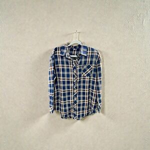 NWT CHYRIl Plaid Flannel Button Up Shirt Women Navy Brown Casual Oversized Small
